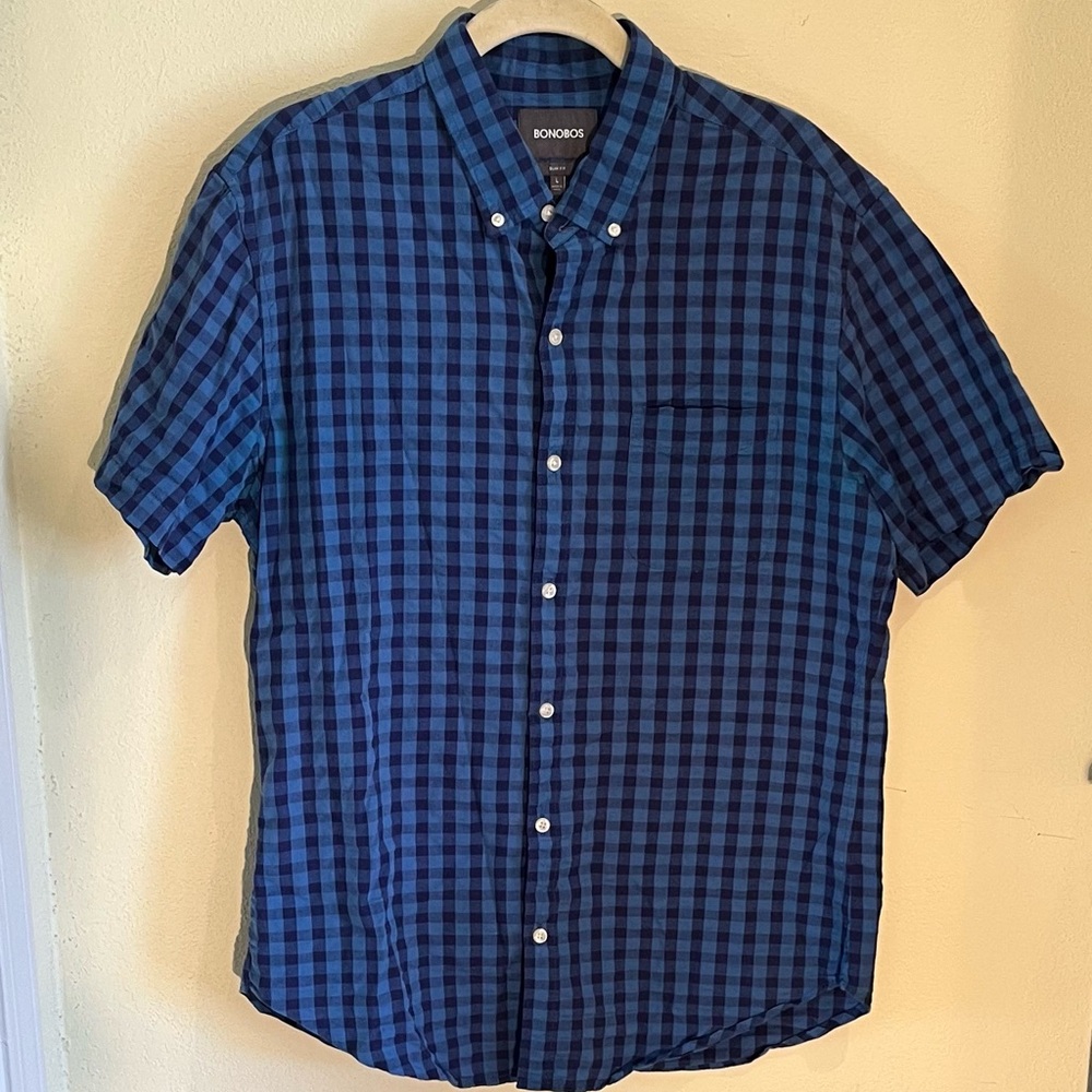 Bonobos Slim Fit Blue Geometric Short Sleeve Button-Up Shirt Size L